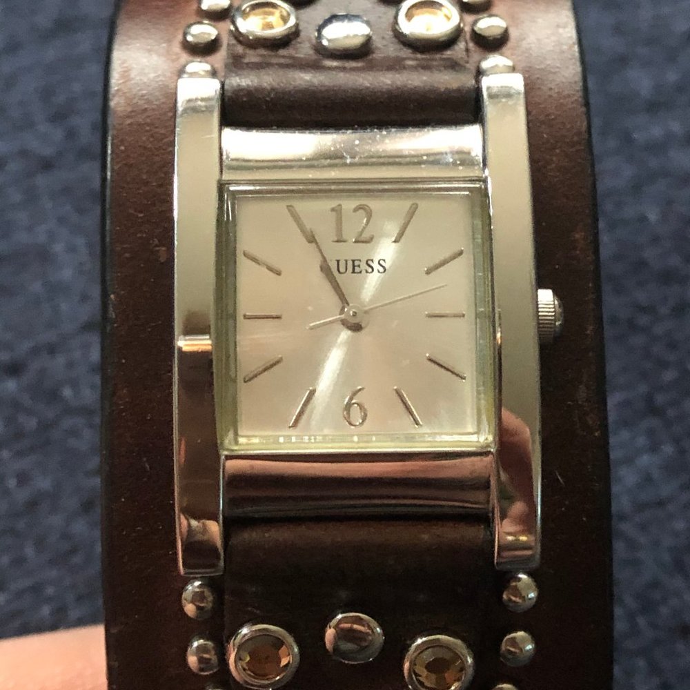 GUESS Women's Brown Leather and Rhinestones Watch